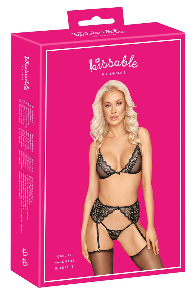 Completo intimo set reggiseno perizoma reggicalze nero