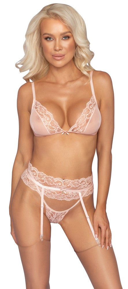 Completo intimo set reggiseno perizoma reggicalze rosa