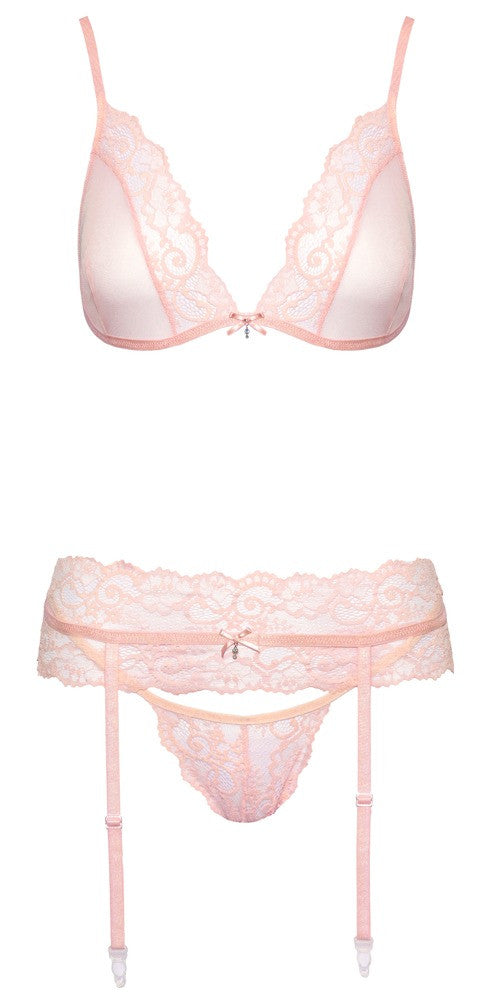 Completo intimo set reggiseno perizoma reggicalze rosa