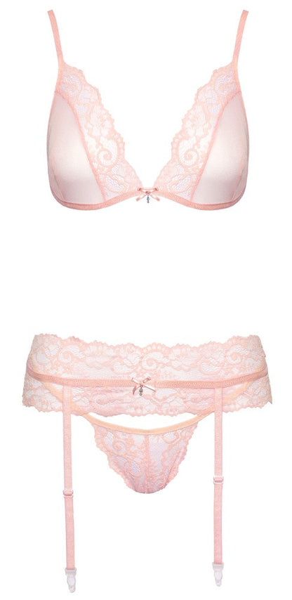 Completo intimo set reggiseno perizoma reggicalze rosa