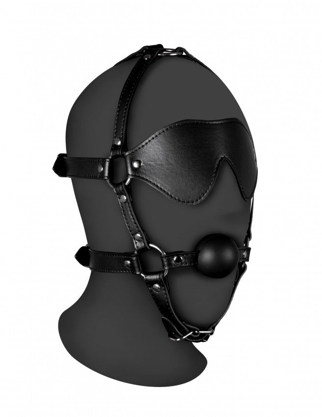 Imbracatura viso con maschera occhi e morso Blindfolded Head Harness with Solid Ball Gag Black