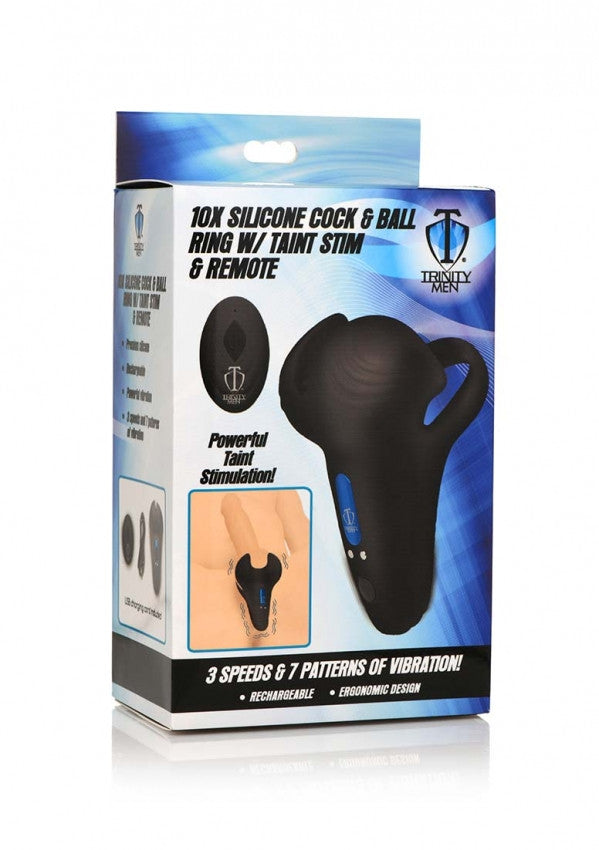 Anello fallico per pene e testicoli 10X Silicone Cock & Ball Ring + Taint Stim - Black