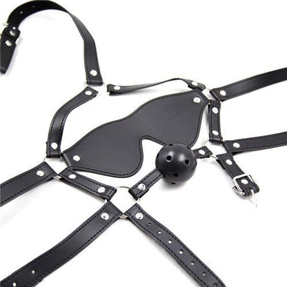 Imbracatura per viso con maschera per occhi e morso total head harness restraint black