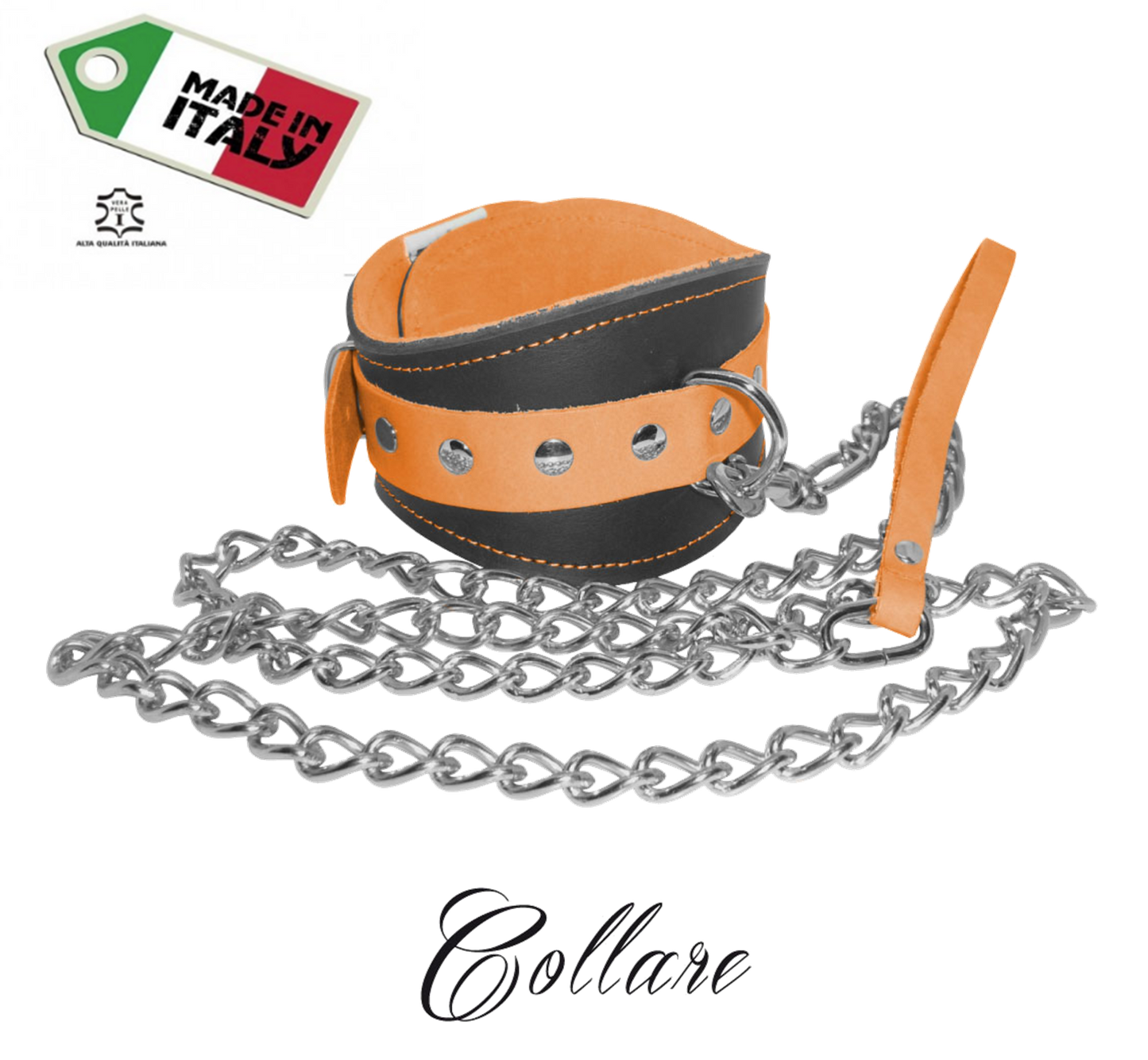collare con guinzaglio in vera pelle e cuoio orange fluo bondage uomo donna