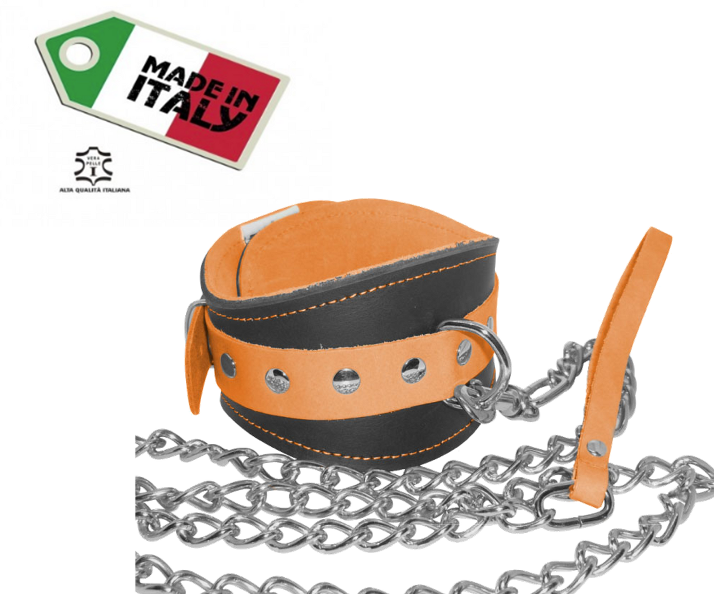 collare con guinzaglio in vera pelle e cuoio orange fluo bondage uomo donna