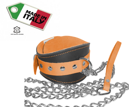 collare con guinzaglio in vera pelle e cuoio orange fluo bondage uomo donna